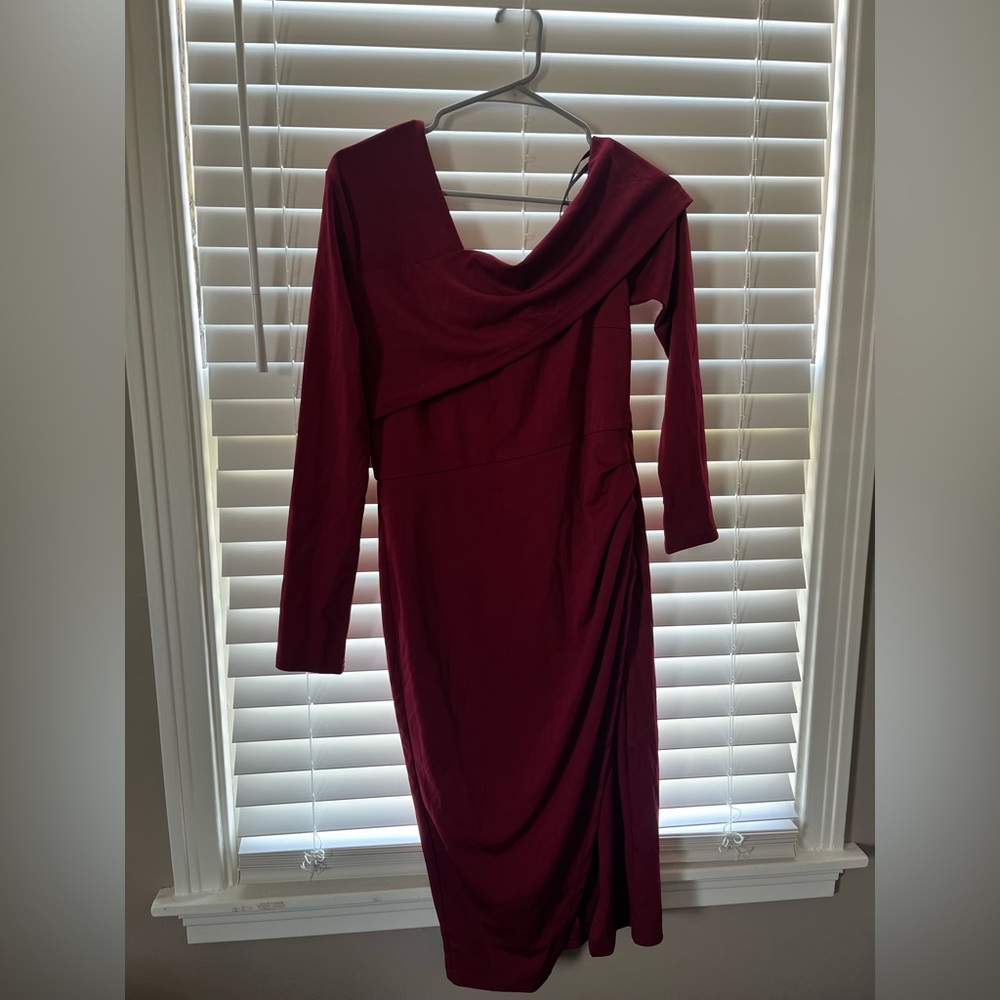 Maroon one shoulder long sleeve dress, long sleeve with cinched waist, size M